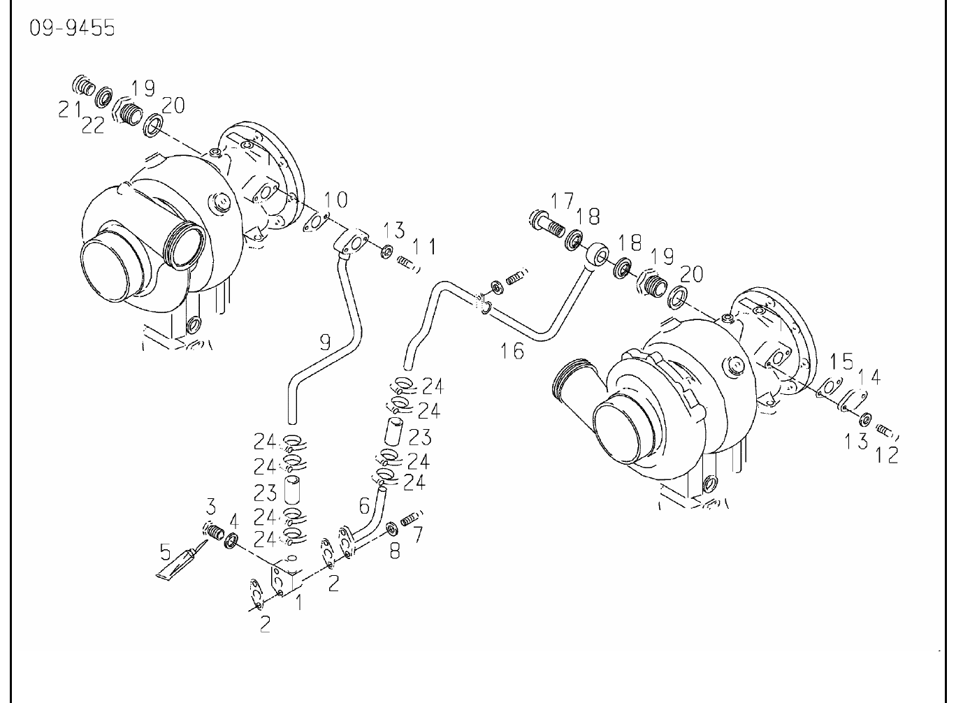 Exploded view of turbocharger cooling water lines